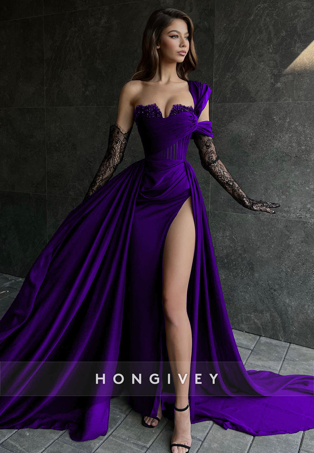 Sexy Illusion Asymmetrical Lace Sleeves With Train and High Slit Party Prom Formal Evening Dress