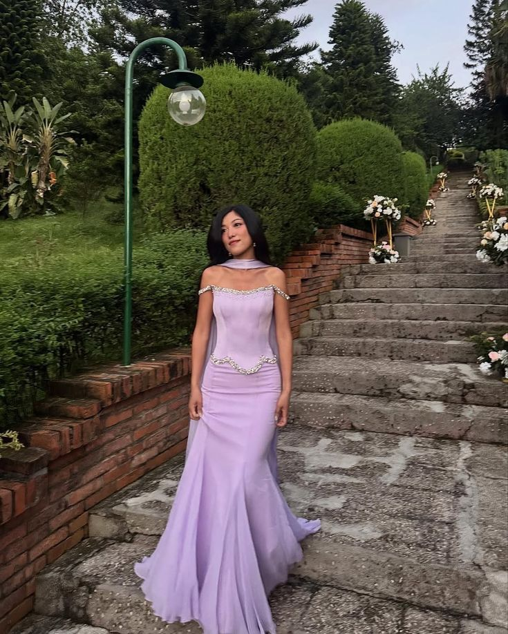 Classy Purple Satin Chiffon Beaded Mermaid Long Party Dress Formal Evening Dress With Ribbon D1810