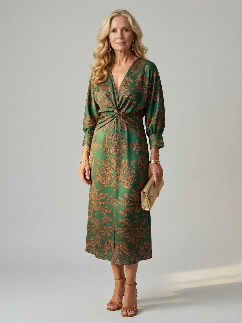 V-Neck Twist Front Long Sleeve Midi Dress