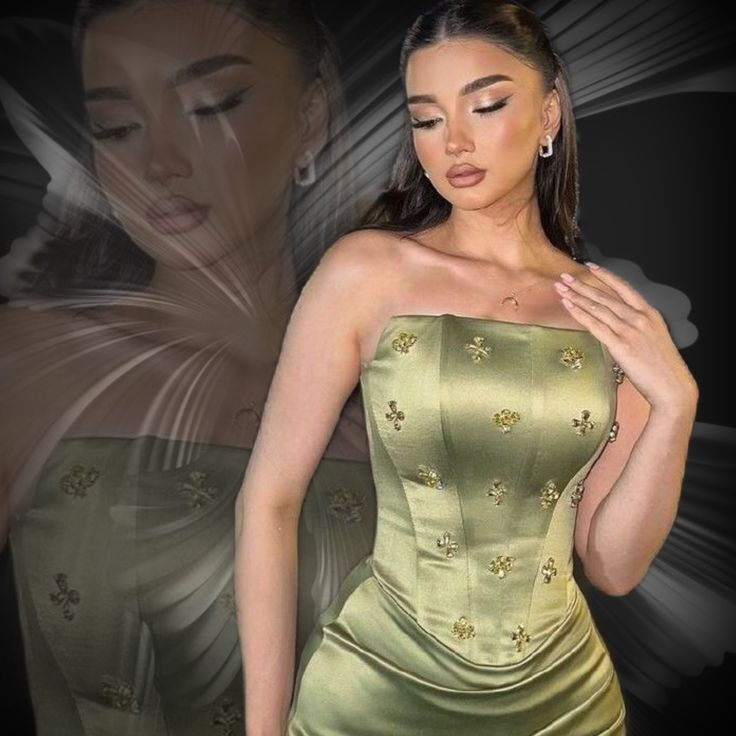 Vintage Olive Green Strapless Satin Pleated Beaded Mermaid Evening Dress Formal Birthday Prom Gown D1089