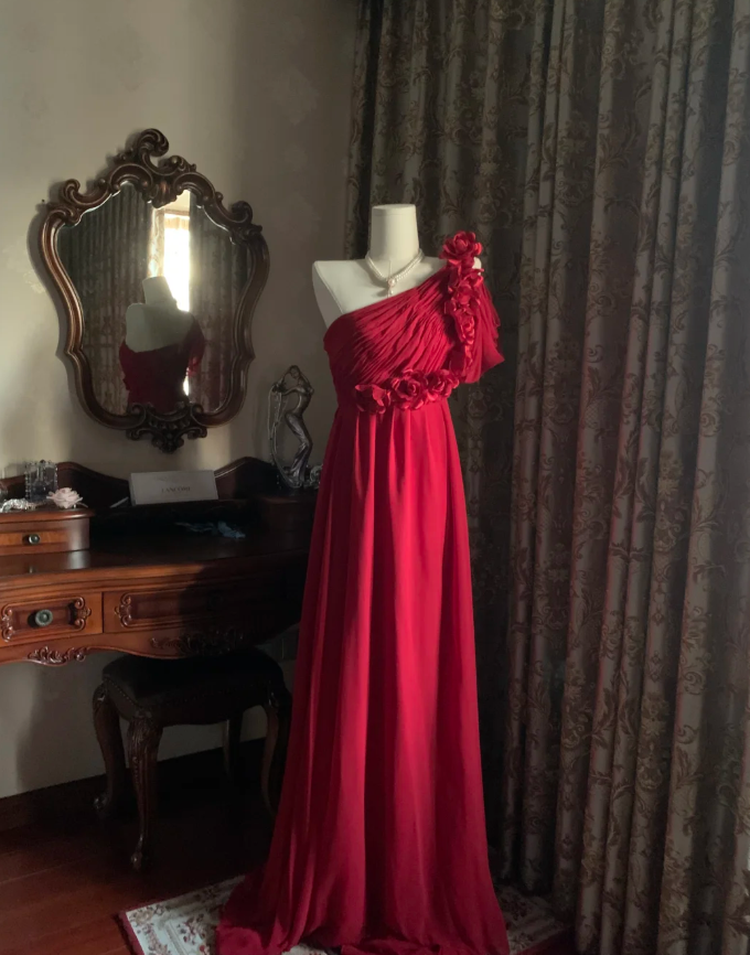 Elegant One Shoulder Red Chiffon Long Wedding Guest Dress Formal Birthday Prom Dress Evening Dress With Flowers D1780