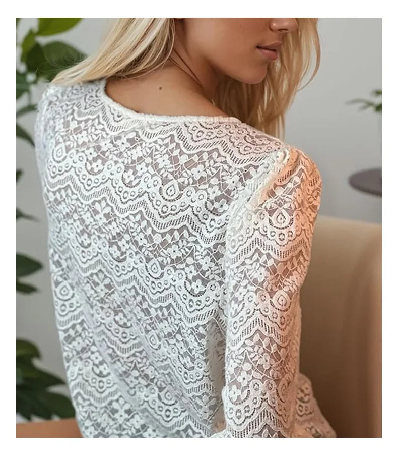 Lace V-Neck Floral Vintage Elegant Long Sleeve Boho Blouse