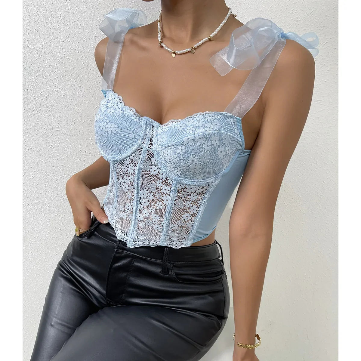 Mesh Bow Floral Corset Fishbone Crop Top