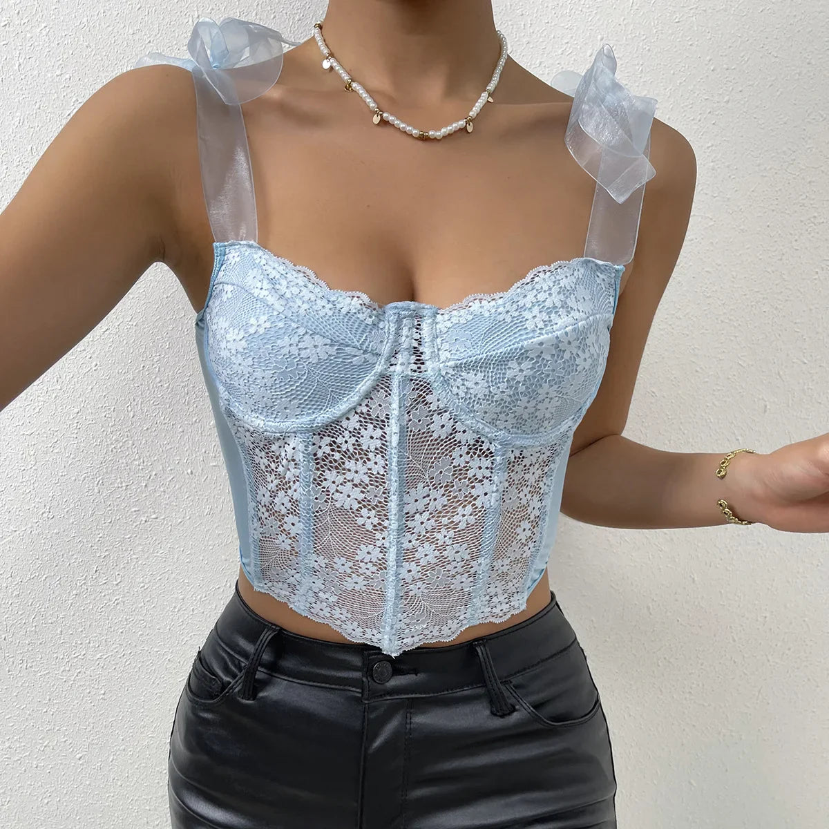 Mesh Bow Floral Corset Fishbone Crop Top