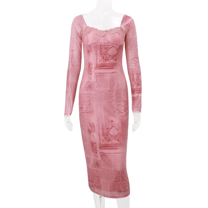 Mesh Square Neck Long Sleeve Lace Trim Bodycon Maxi Dress