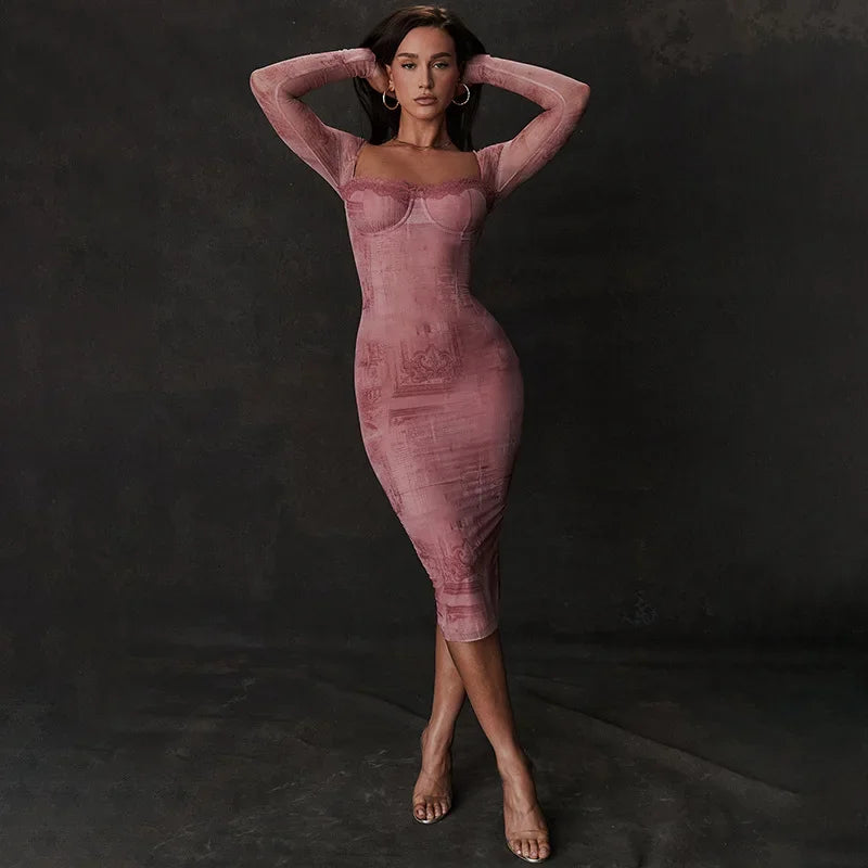 Mesh Square Neck Long Sleeve Lace Trim Bodycon Maxi Dress