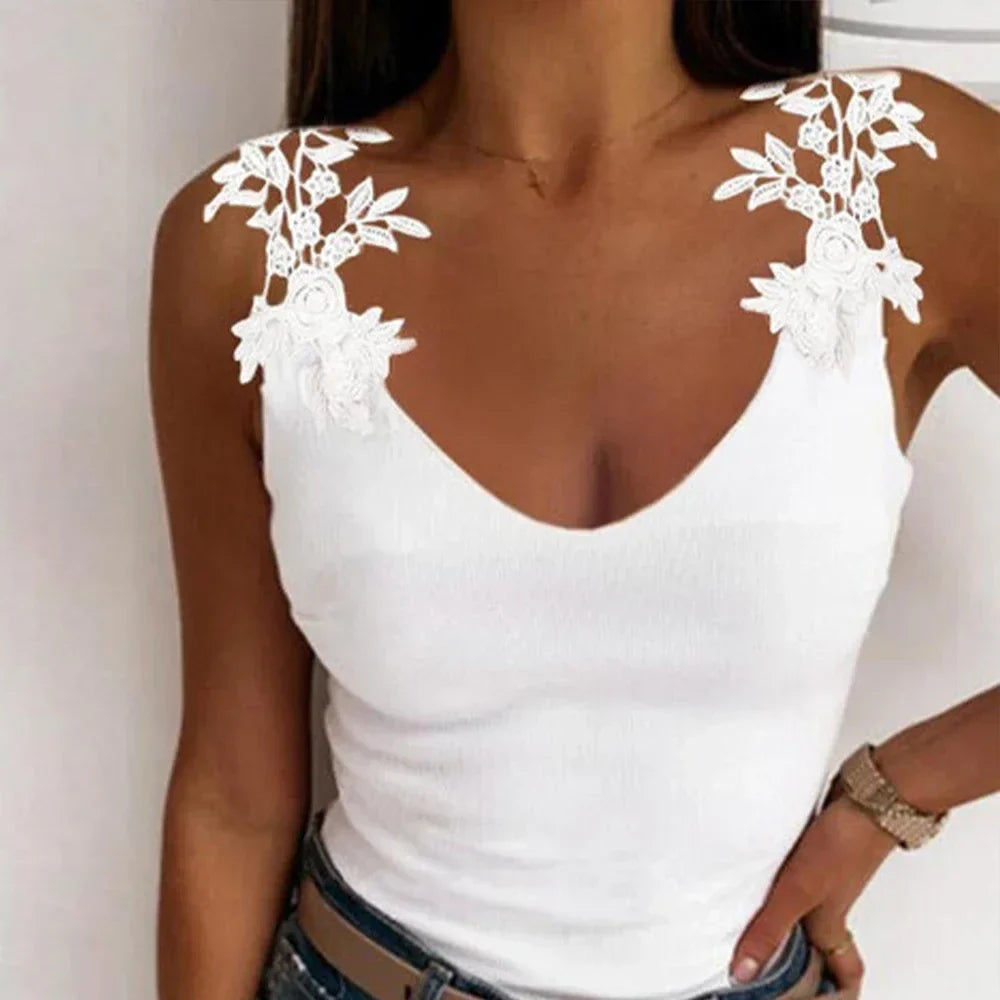 Hollow Lace Petal V-Neck Oversize Casual Slim Fit Tank Top