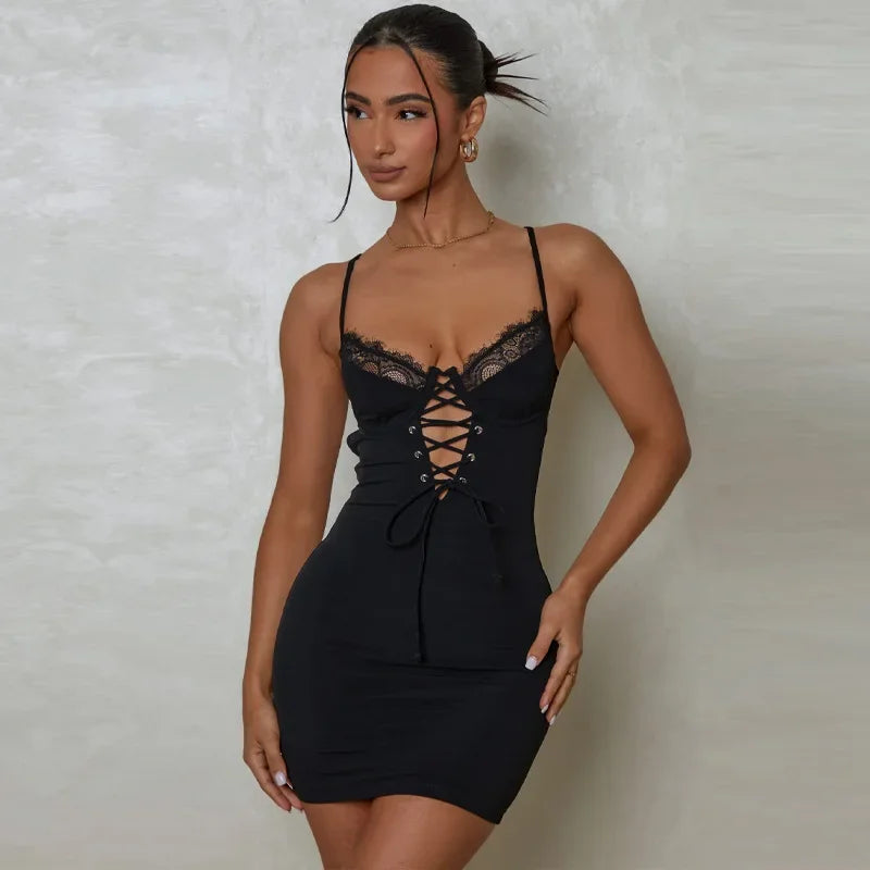 Lace Trim Lace Up Bodycon Mini Dress