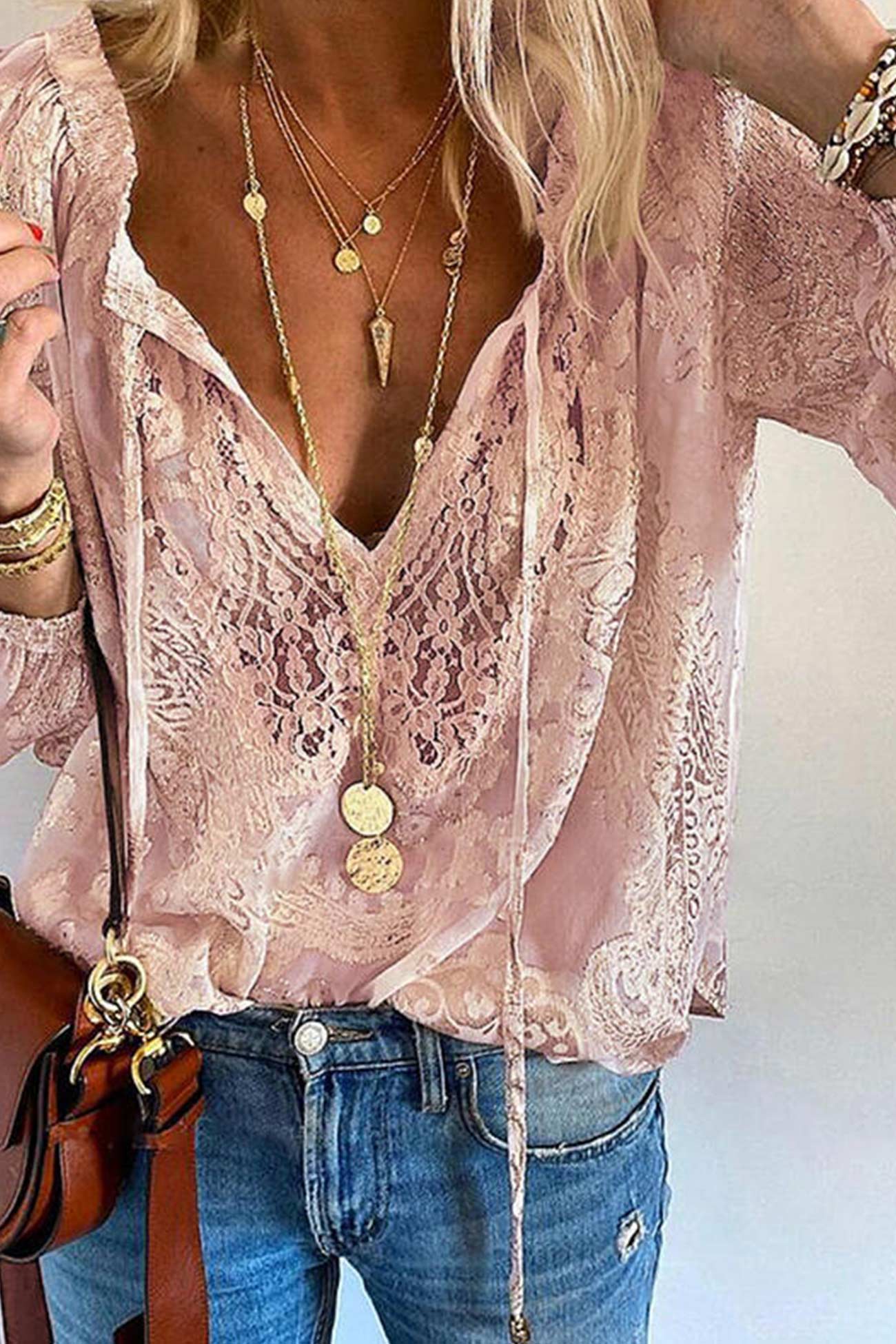 Lace Tie-up Solid Blouse