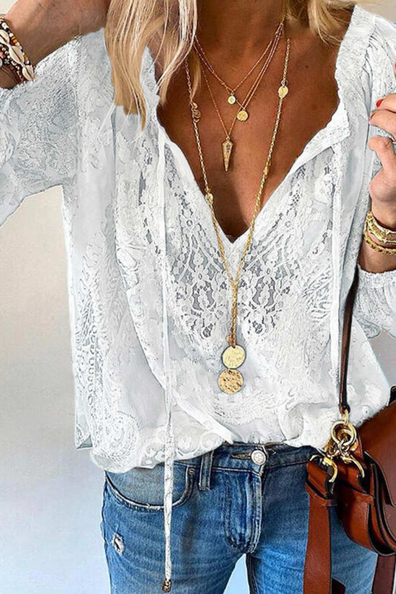 Lace Tie-up Solid Blouse
