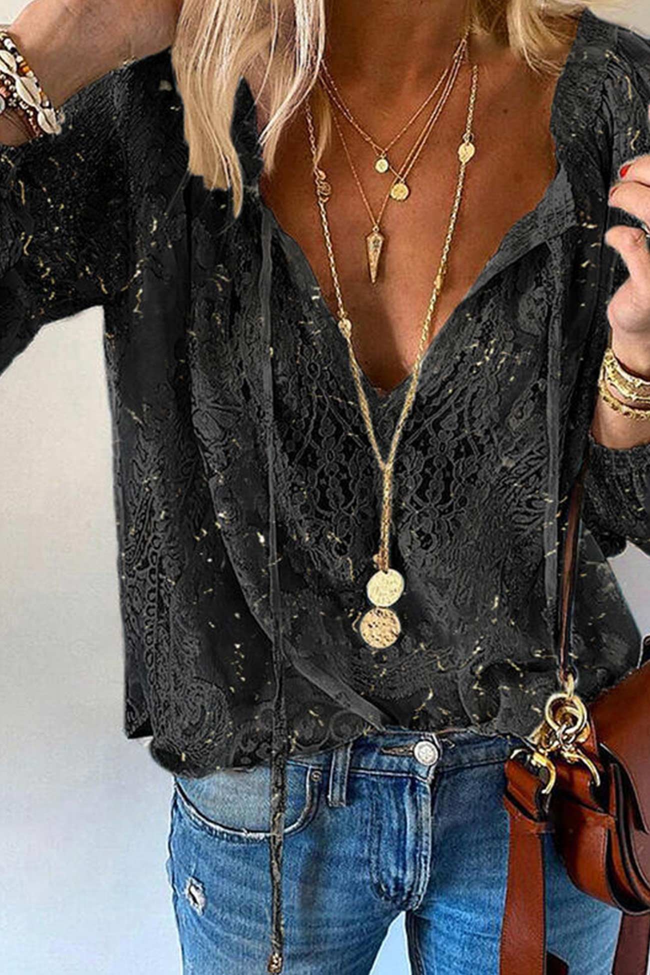 Lace Tie-up Solid Blouse