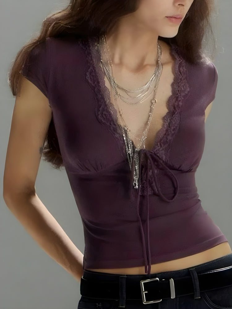 Lace Trim Tie Front Top