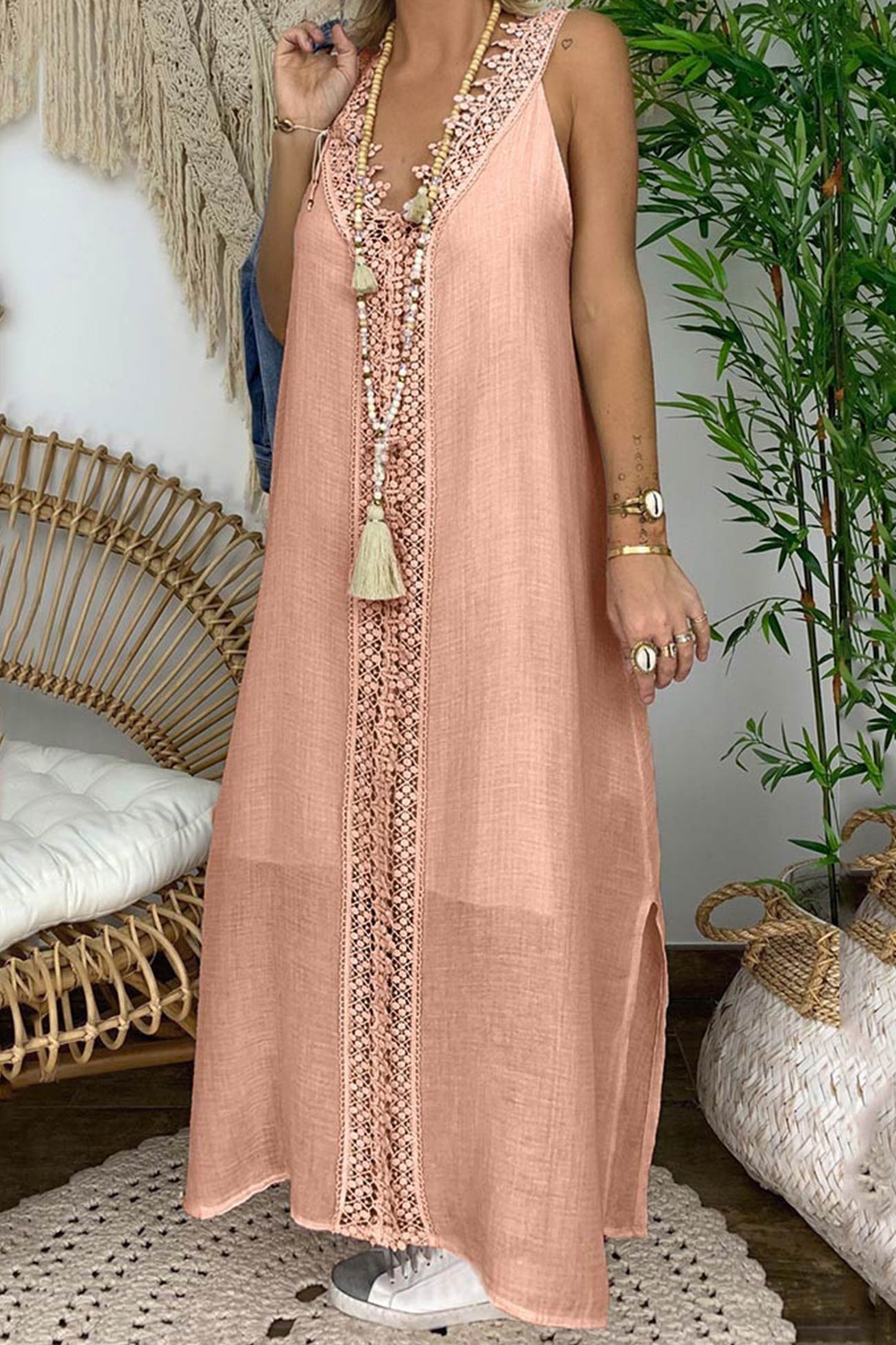 Lace V Neck Slit Tank Dress - Fashionpara