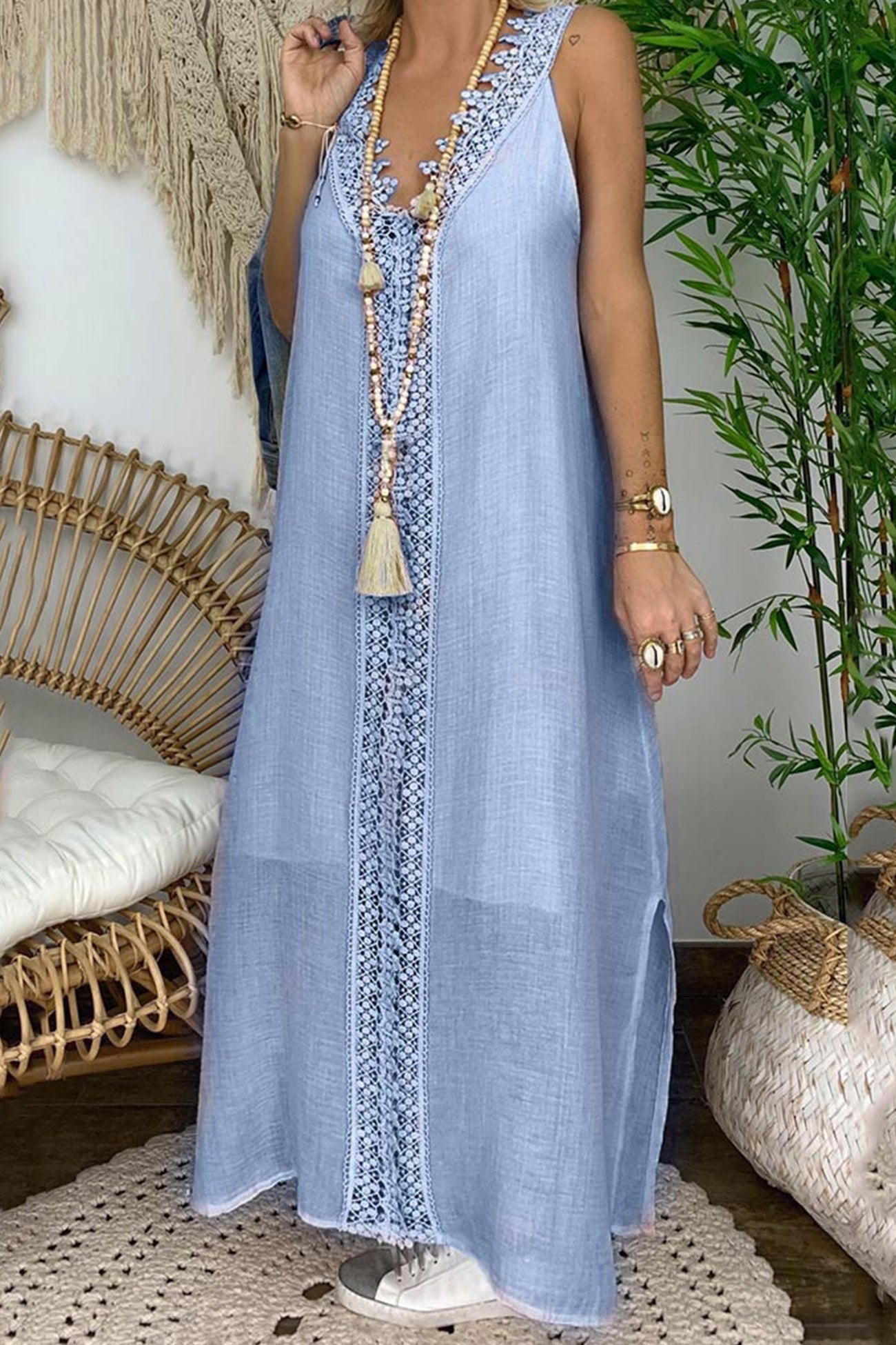 Lace V Neck Slit Tank Dress - Fashionpara