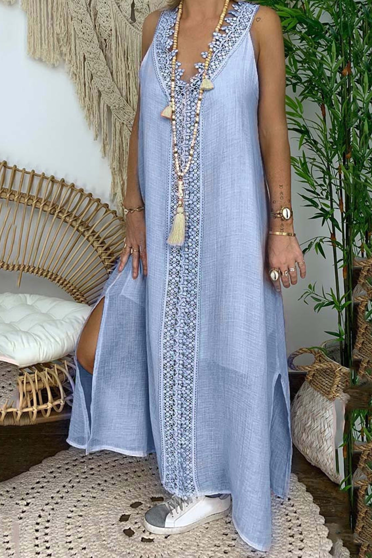 Lace V Neck Slit Tank Dress - Fashionpara