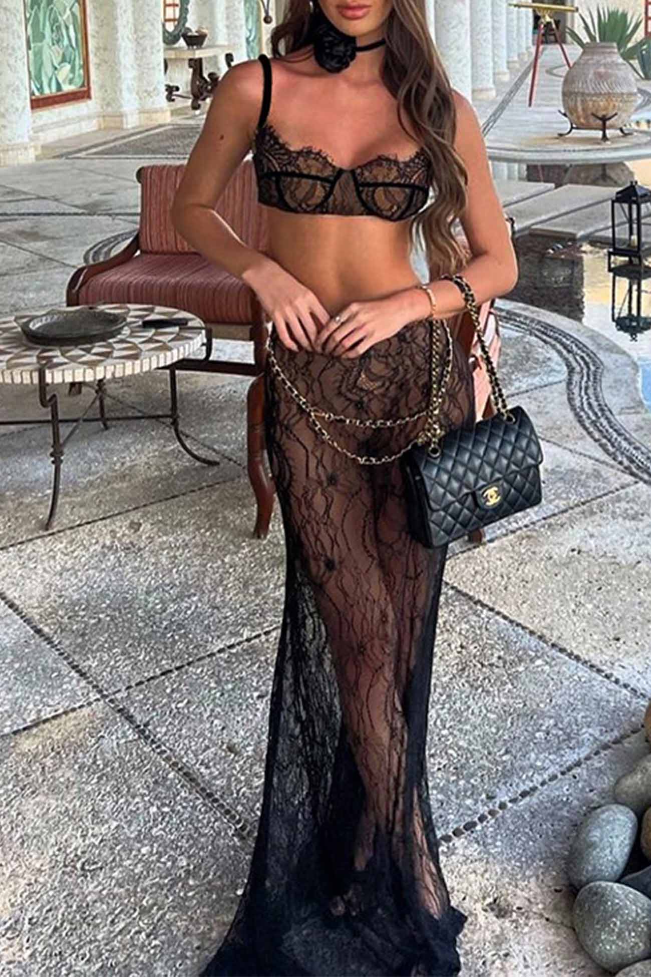 Lace Backless Two-Piece Sheer Skirt Set