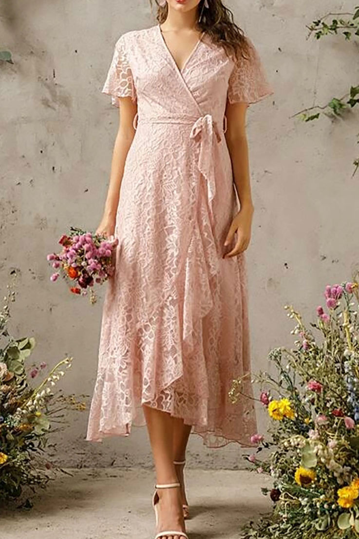 Lace V-neck High Low Wrap Prom Dress - Mislish