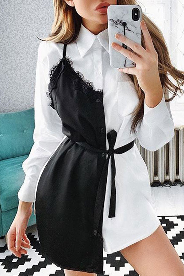 Lace Patchwork Button Up Shirt Dress - Mislish