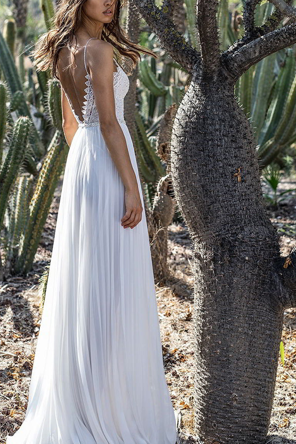 White Lace Spaghetti Straps Chiffon Dress