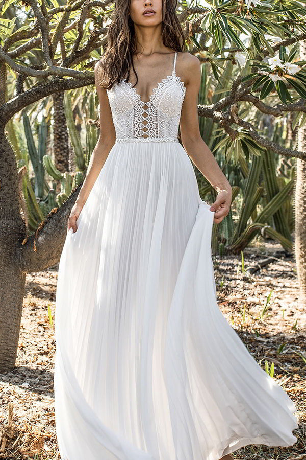 White Lace Spaghetti Straps Chiffon Dress - Mislish