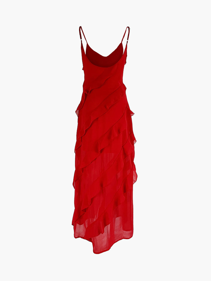 Spaghetti Strap Deep V-Neck Diagonal Tiered Ruffle Maxi Gown - View 6