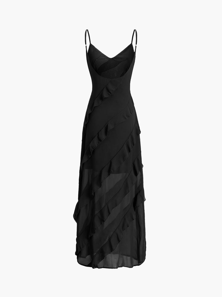 Spaghetti Strap Deep V-Neck Diagonal Tiered Ruffle Maxi Gown - View 11