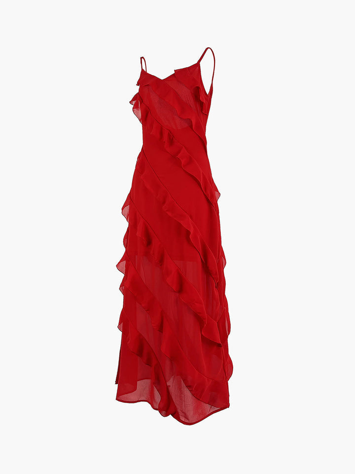 Spaghetti Strap Deep V-Neck Diagonal Tiered Ruffle Maxi Gown - View 5