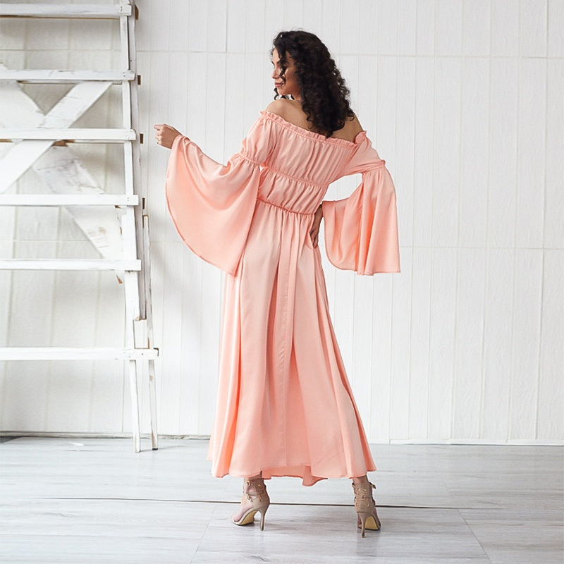 Ladies Fashion Strapless Ruffle elastic long Sleeve waist elastic front slit Dress party dress - Fashionpara