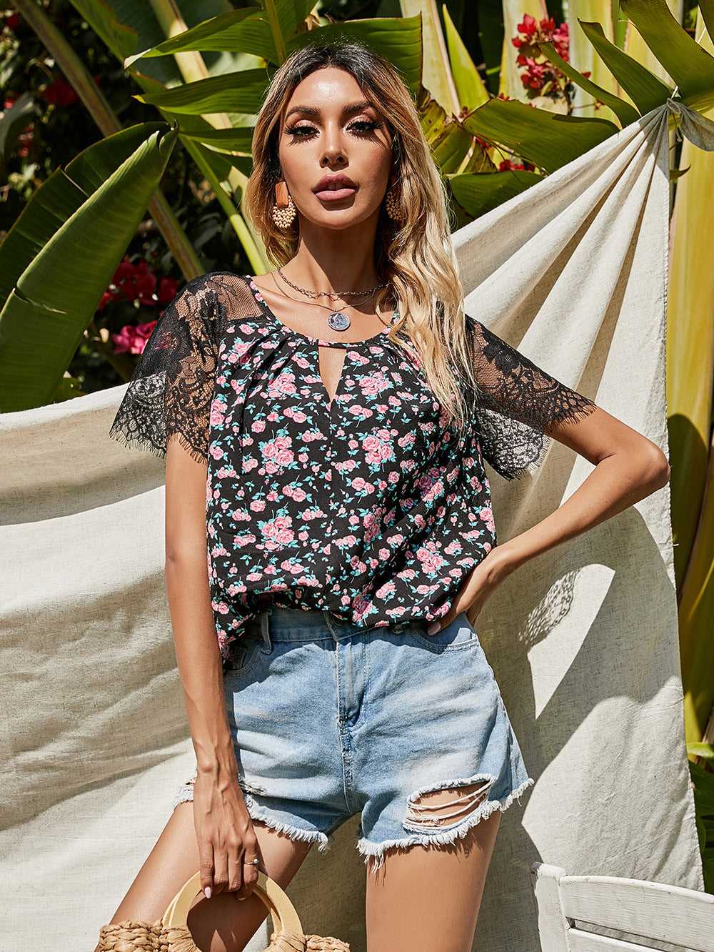 Ladies Lace V-neck tie Blouse Stitching Printed Short-sleeved T-shirt - Fashionpara