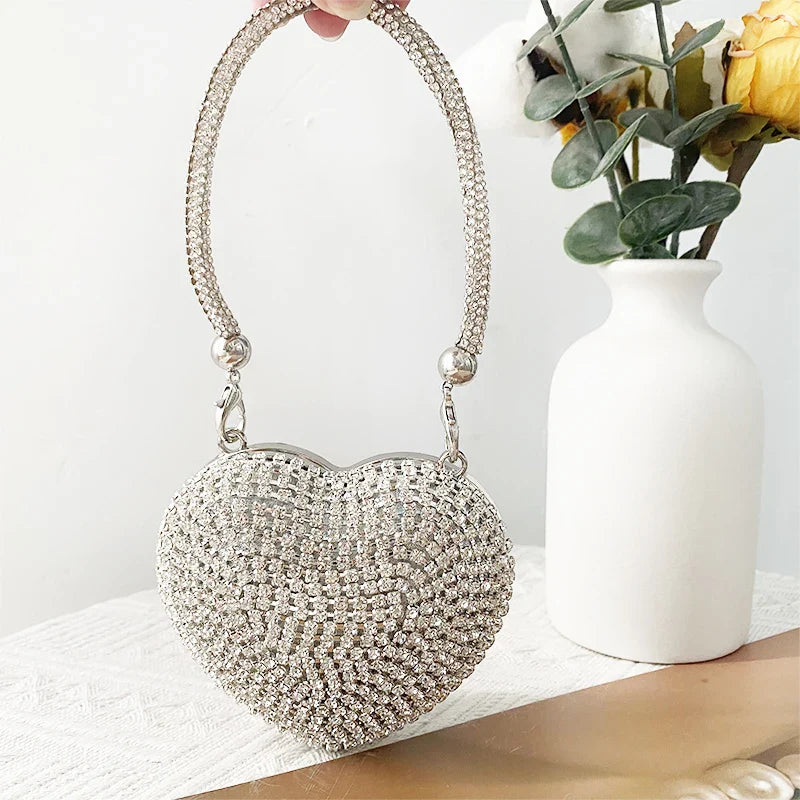 Heart Shape Sparkling Diamond Clutch Bag