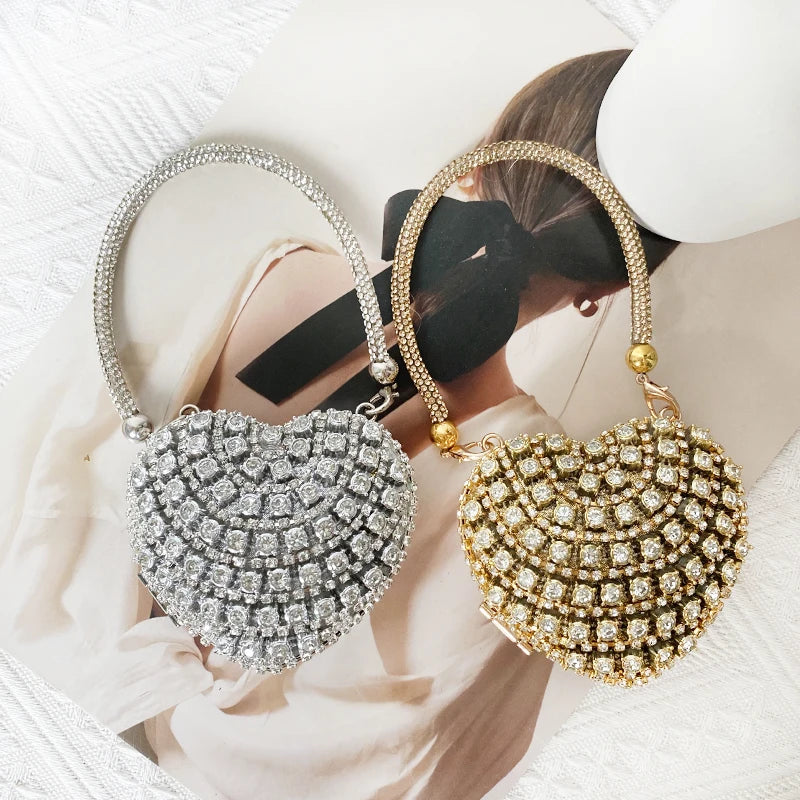 Heart Shape Sparkling Diamond Clutch Bag