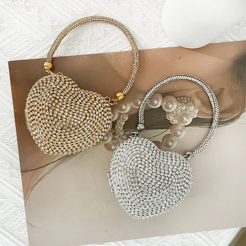 Heart Shape Sparkling Diamond Clutch Bag