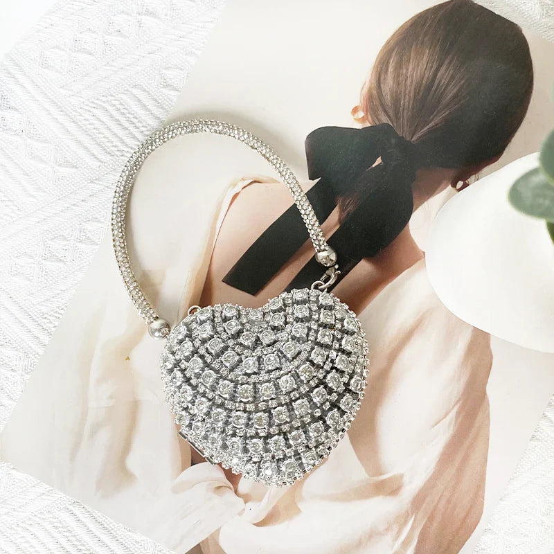 Heart Shape Sparkling Diamond Clutch Bag