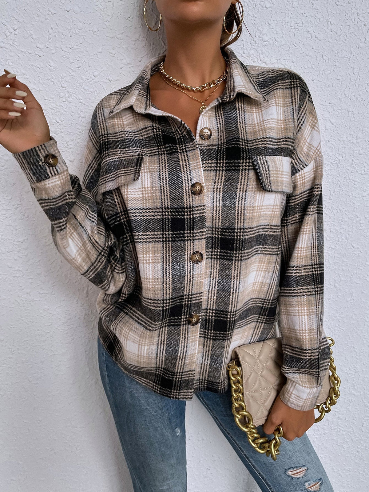 KittenAlarm - Ladies New Lapel Casual Long Sleeve Plaid Shirt