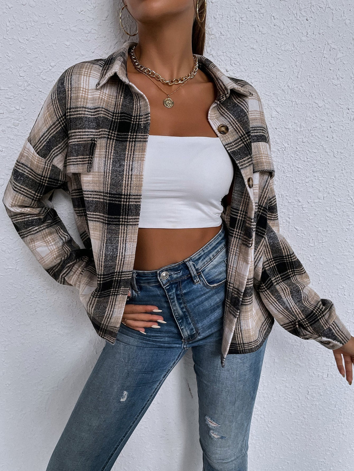 KittenAlarm - Ladies New Lapel Casual Long Sleeve Plaid Shirt