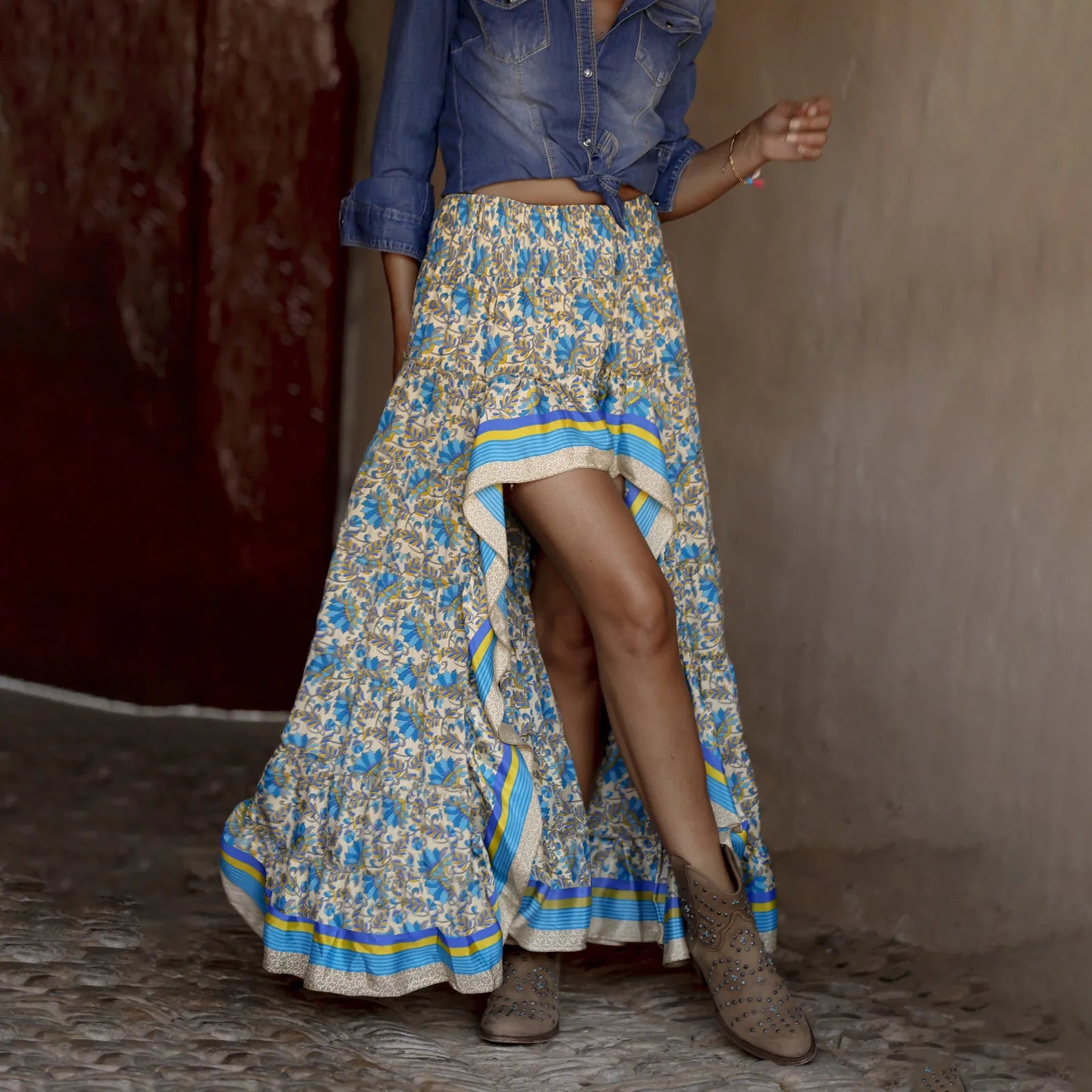 Cotton Floral Print Streetwear Pleated Skirt