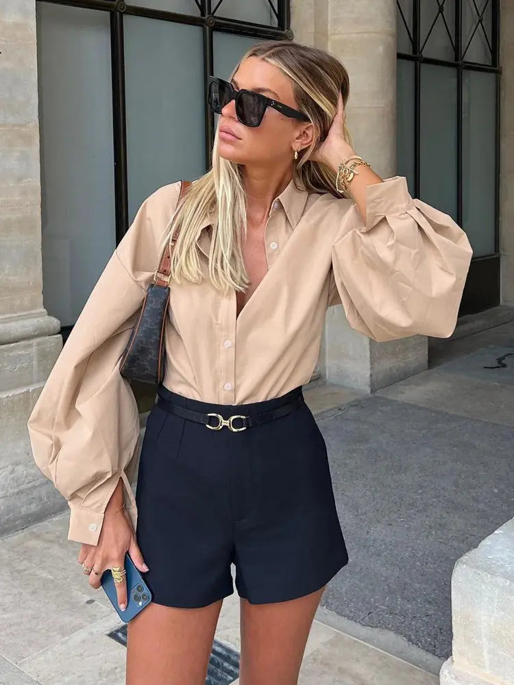 Lantern Sleeve Button Collar Blouse