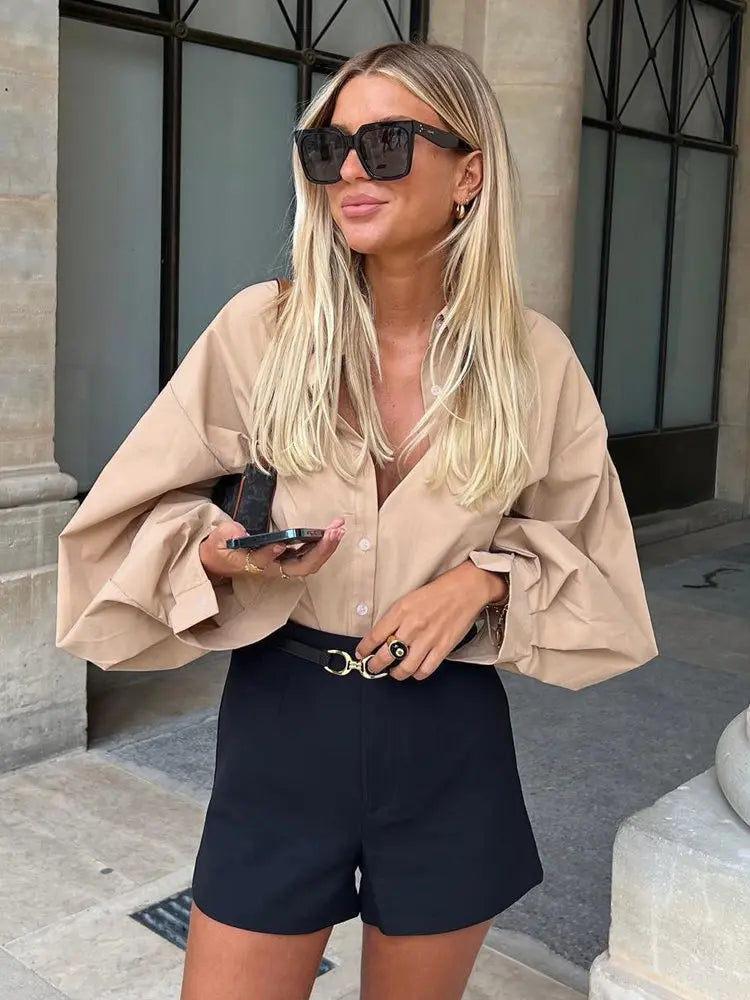 Lantern Sleeve Button Collar Blouse