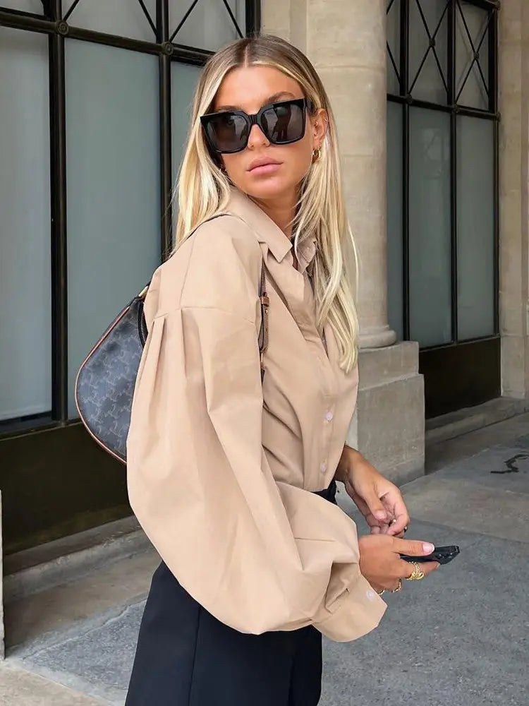 Lantern Sleeve Button Collar Blouse