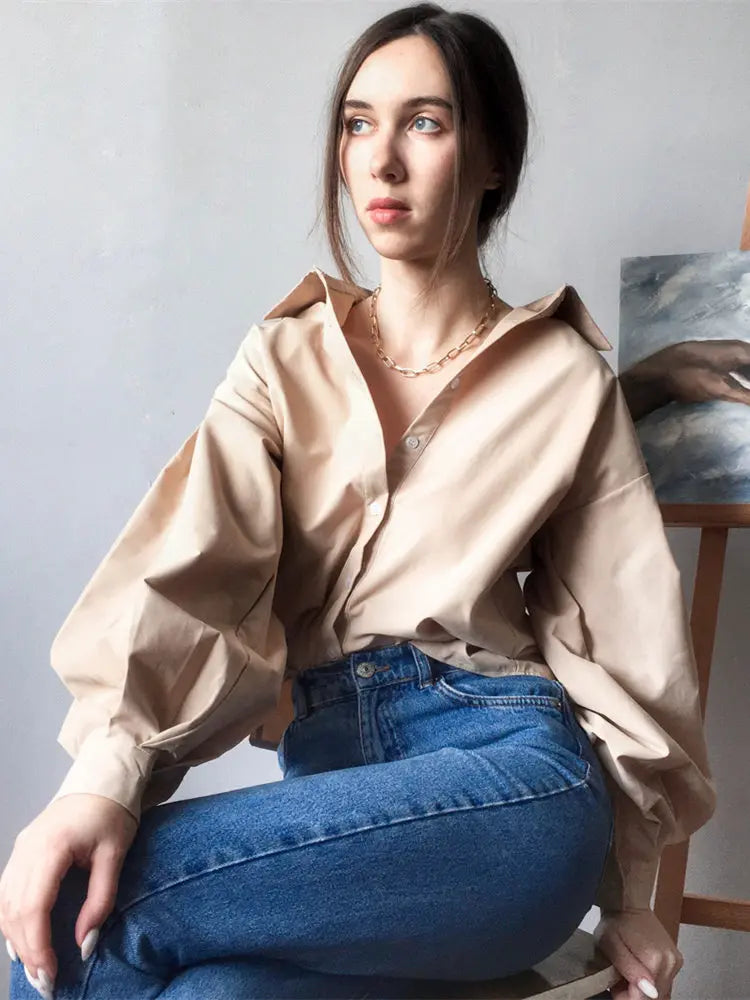 Lantern Sleeve Button Collar Blouse