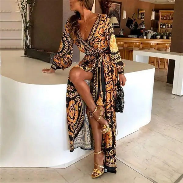Baroque Print Long Sleeve A-Line Maxi Dress