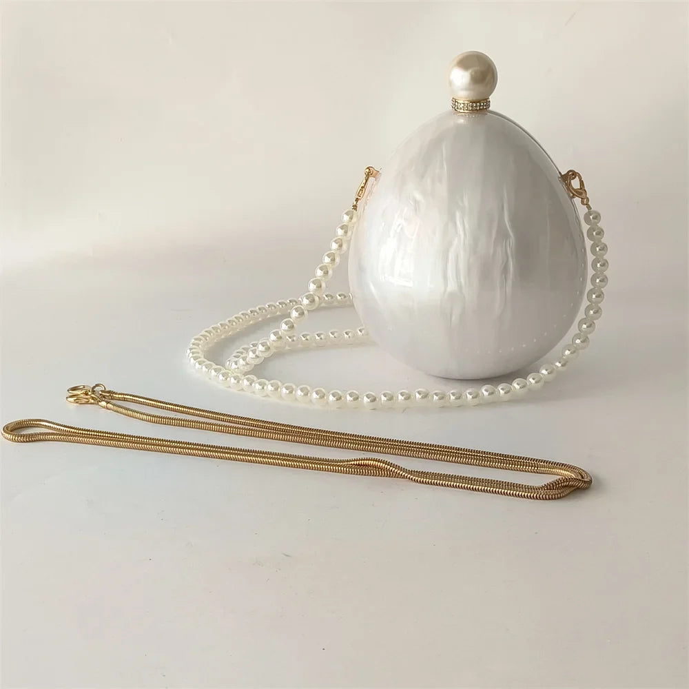 Pearl White Egg Acrylic Box Oval Bridal Messenger Clutch Bag