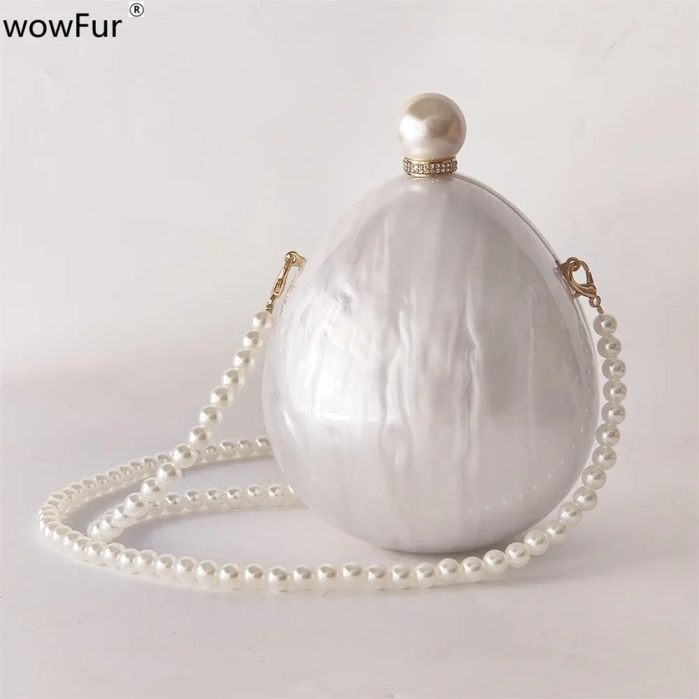 Pearl White Egg Acrylic Box Oval Bridal Messenger Clutch Bag