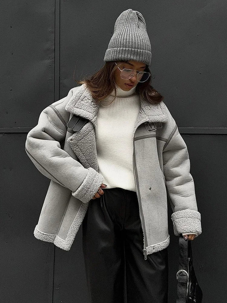 Lamb Wool Zipper Loose Casual Thick Warm Streetwear Coats - Fashionpara
