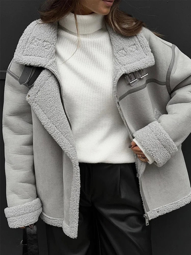 Lamb Wool Zipper Loose Casual Thick Warm Streetwear Coats - Fashionpara