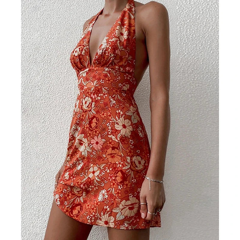 Y2K Floral Sleeveless Halter Neck Backless Floral Dress