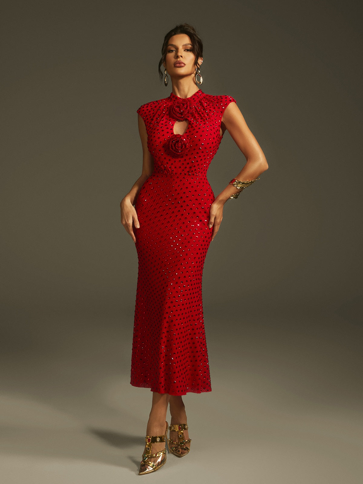 Rhinestone High Neck Rose Flower Cut Out Mermaid Midi Dress