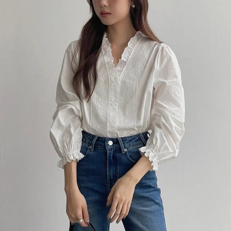 Lantern Sleeve Ruffles V-Neck Cotton Boho Office Blouse
