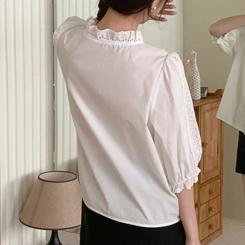 Lantern Sleeve Ruffles V-Neck Cotton Boho Office Blouse