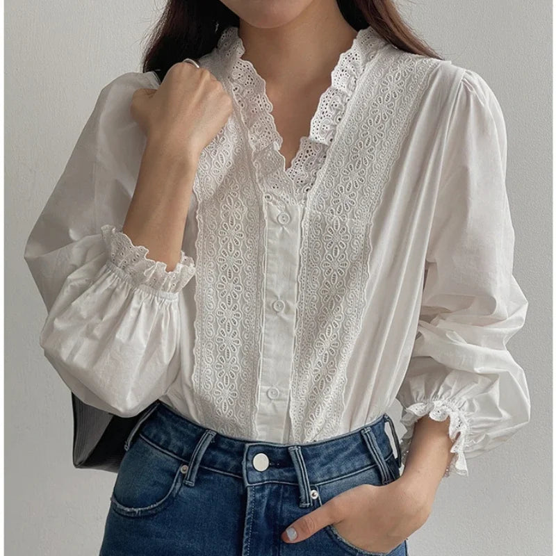 Lantern Sleeve Ruffles V-Neck Cotton Boho Office Blouse
